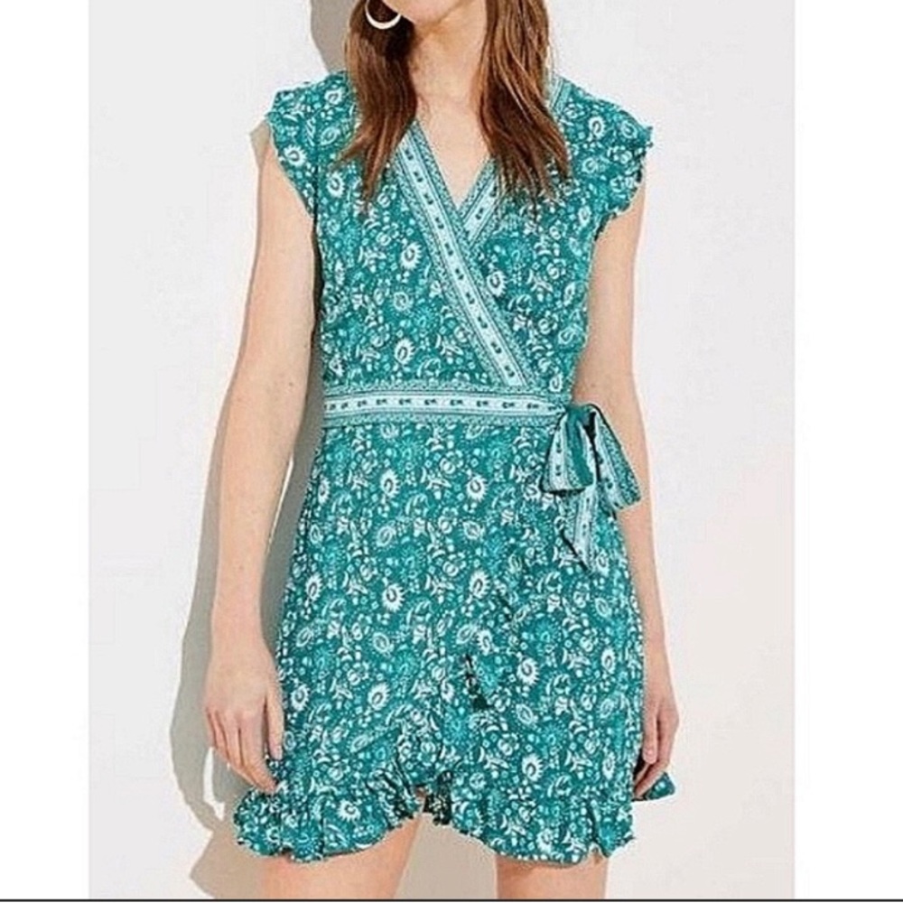 LOFT teal floral wrap romper dress
